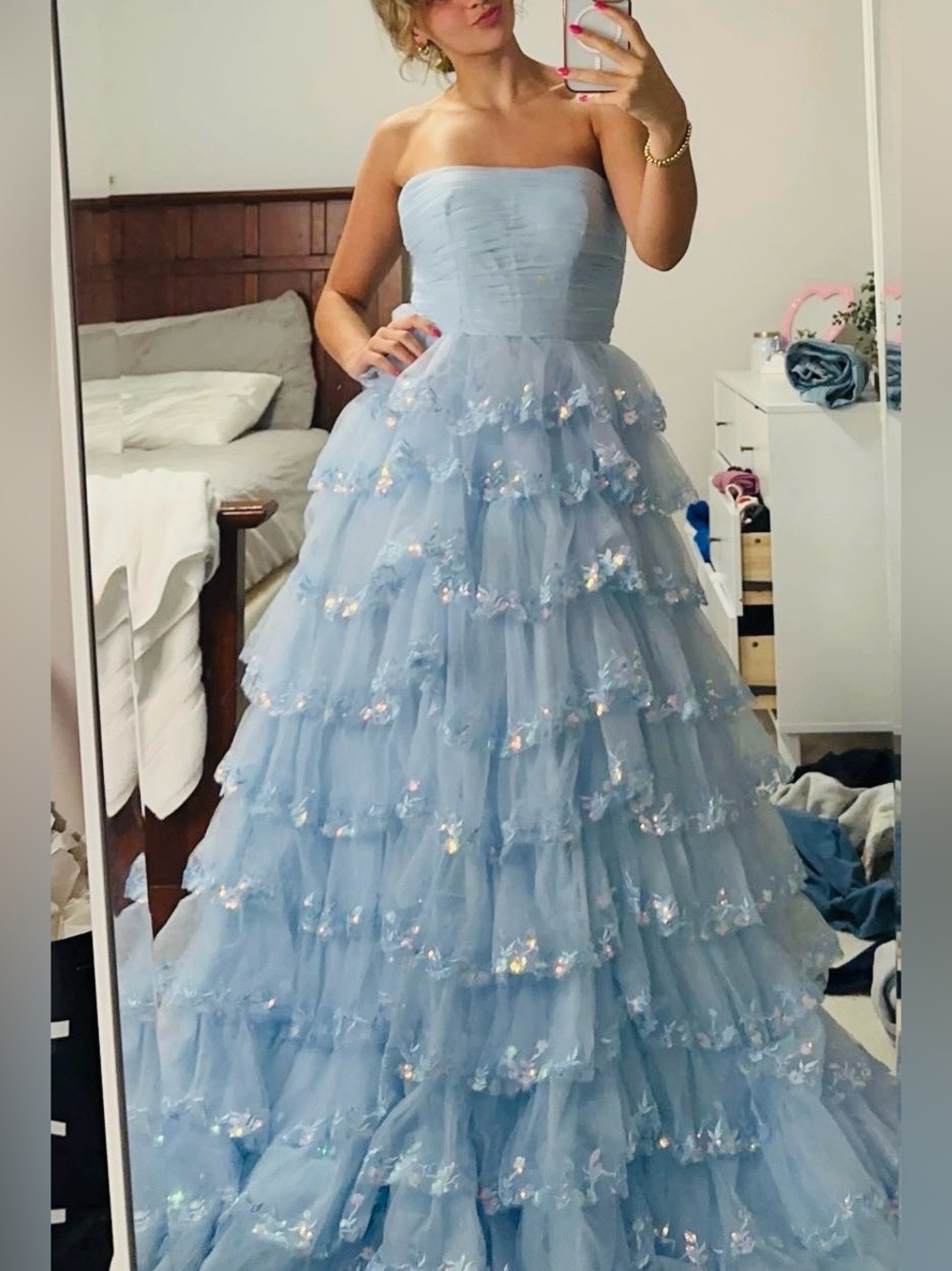 Elegant Light Blue Ruffle Strapless Tiered Gown